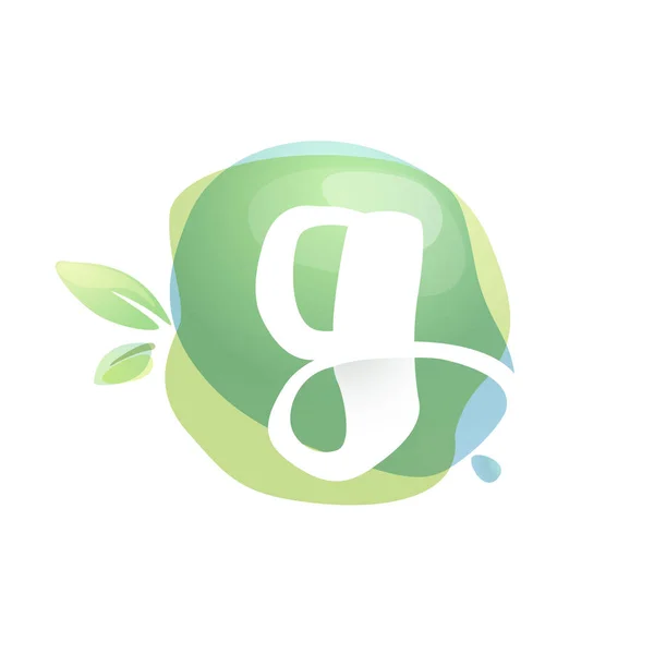 G letter logo with negative space at green watercolor splash bac — Stock Vector