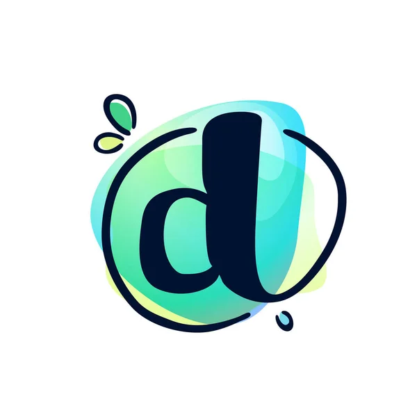 D手紙ストロークロゴでカラフルな水彩スプラッシュ背景. — ストックベクタ