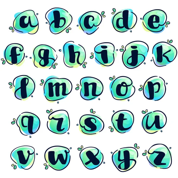 Alphabet mit Strichbuchstaben auf Aquarell-Spritzhintergrund. — Stockvektor