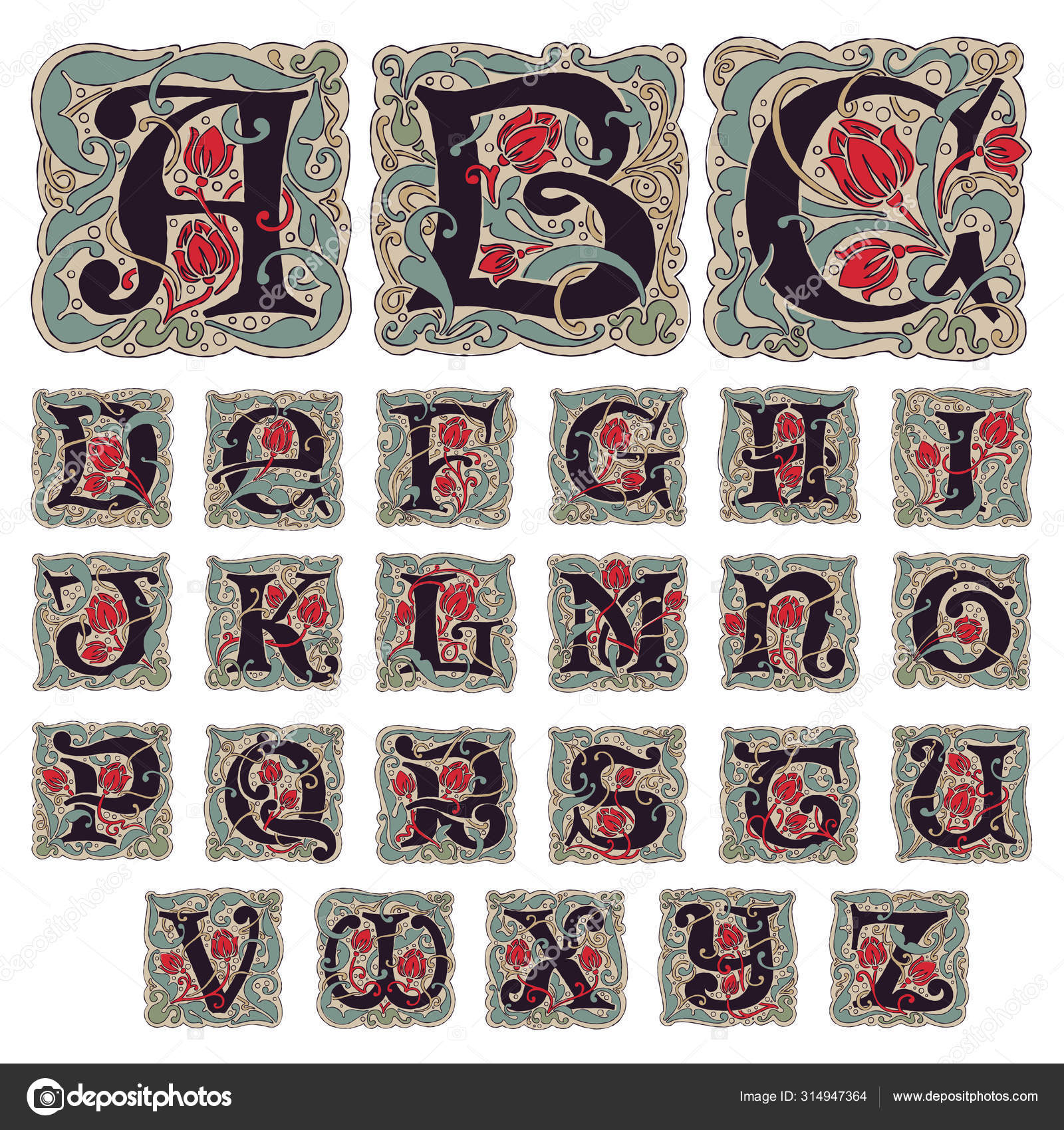 Image vectorielle Lettres de l'alphabet gothique antique aux couleurs  vintage . par ©kaer_dstock - 314947364, image size:1600x1700
