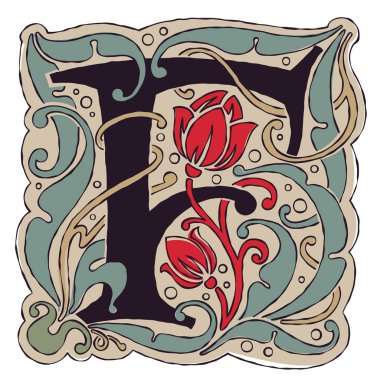 F harfi eski renkler antika gotik başlangıç logosu.