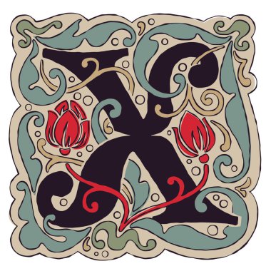 X harfi eski renkler antik gotik başlangıç logosu.