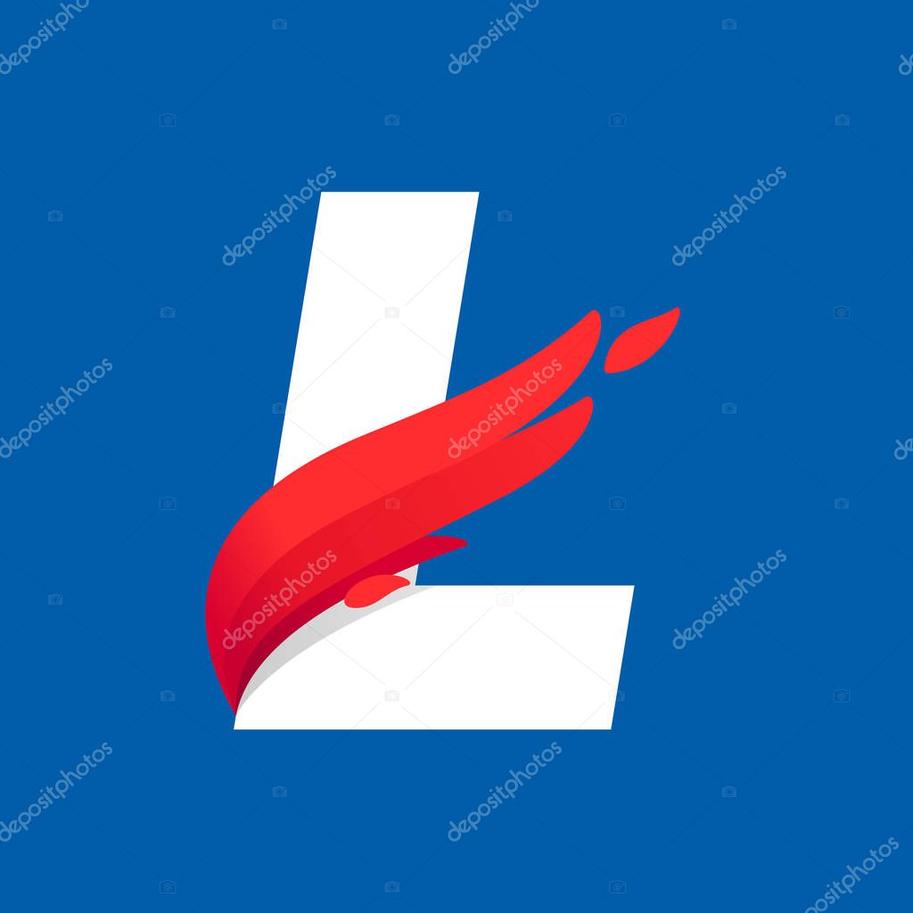 L letter logo with fast speed red bird wing.