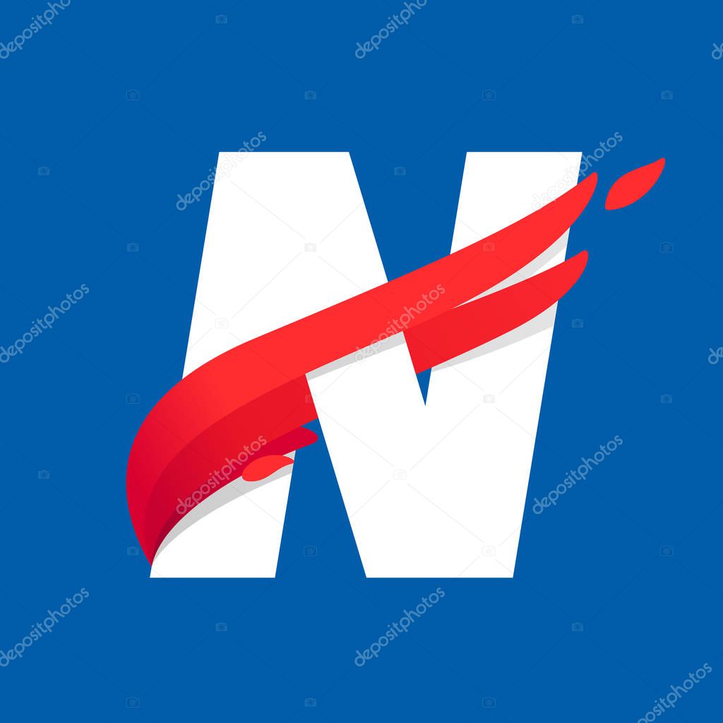 N letter logo with fast speed red bird wing.