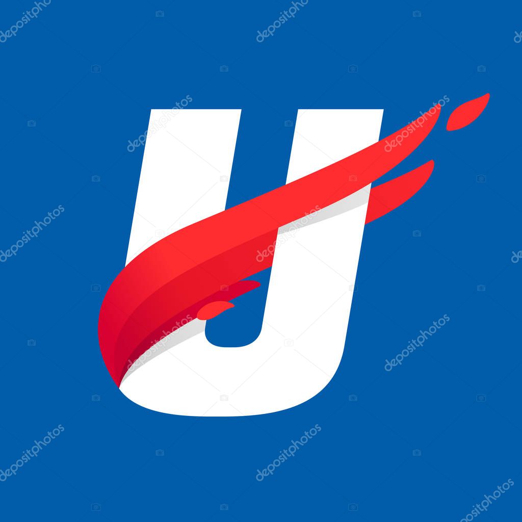 U letter logo with fast speed red bird wing.