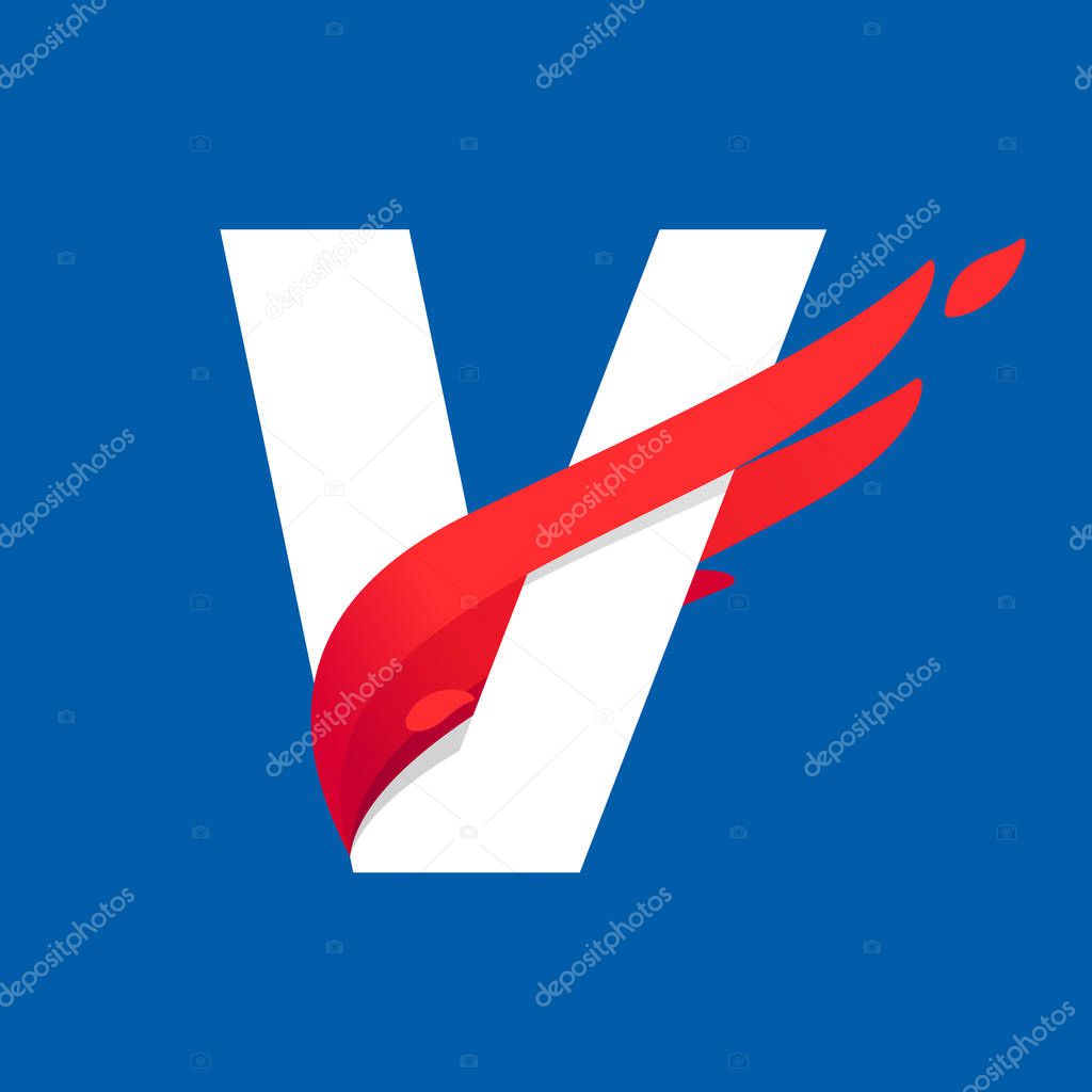 V letter logo with fast speed red bird wing.