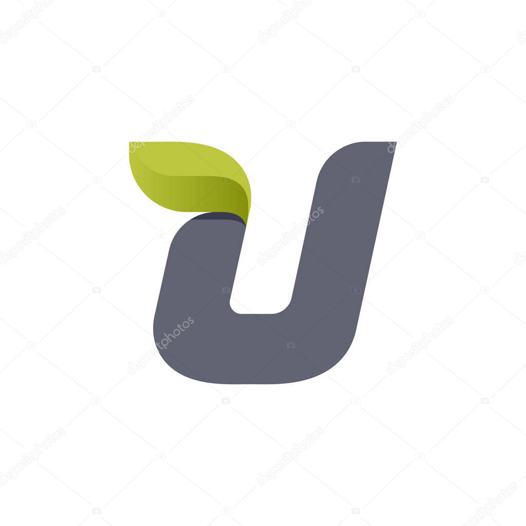 U letter eco logo with green leaf.