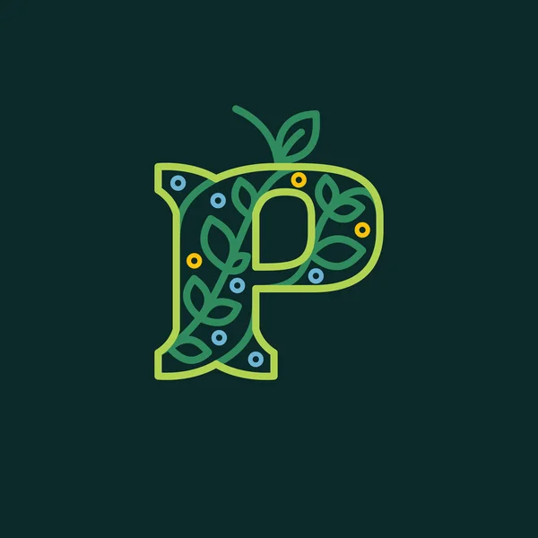 Elegante logotipo con letra lineal P eco ornate . — Vector de stock