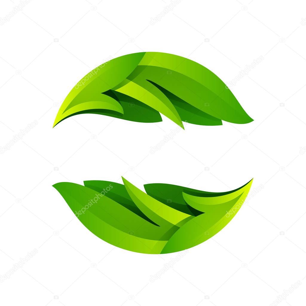 Ecology sphere logo formed by twisted green leaves.