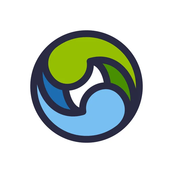 Logo Eco círculo plano formado por hojas verdes retorcidas y dro azul — Vector de stock