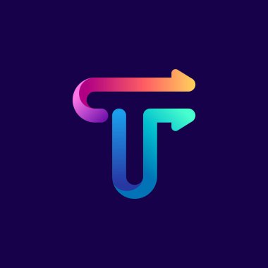 Oklu T harfi logosu. Spor etiketleri, bahis başlıkları, multimedya posterleri, kartvizitler için parlak gradyan yazı tipi vs..