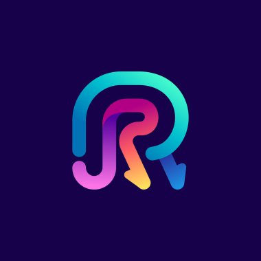 Oklu R harfi logosu. Spor etiketleri, bahis başlıkları, multimedya posterleri, kartvizitler için parlak gradyan yazı tipi vs..