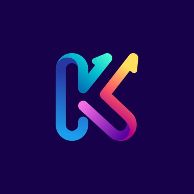 Oklu K harfi logosu. Spor etiketleri, bahis başlıkları, multimedya posterleri, kartvizitler için parlak gradyan yazı tipi vs..