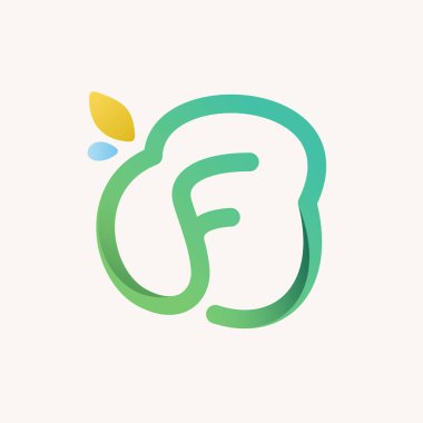 F harfi yeşil çizgi logosu. Ekoloji etiketleri, çevre posterleri ve tarım kimliği vs. için mükemmel bir vektör simgesi.