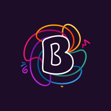 B harfi neon renkli logo. Dijital etiketler, bilimsel baskılar, gece hayatı reklamları vs. için büyük canlı simge.