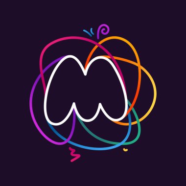 M harfi neon renkli logo. Dijital etiketler, bilimsel baskılar, gece hayatı reklamları vs. için büyük canlı simge.
