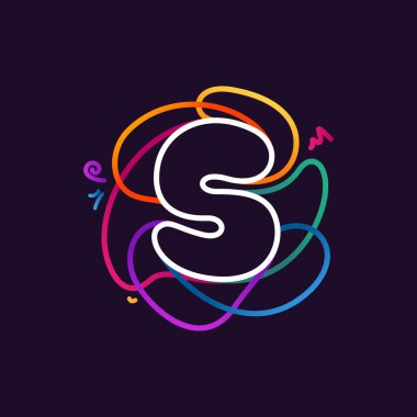 S harfi neon renkli logo. Dijital etiketler, bilimsel baskılar, gece hayatı reklamları vs. için büyük canlı simge.