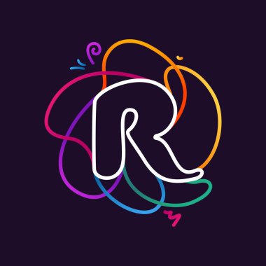 R harfi neon hattı renkli logo. Dijital etiketler, bilimsel baskılar, gece hayatı reklamları vs. için büyük canlı simge.