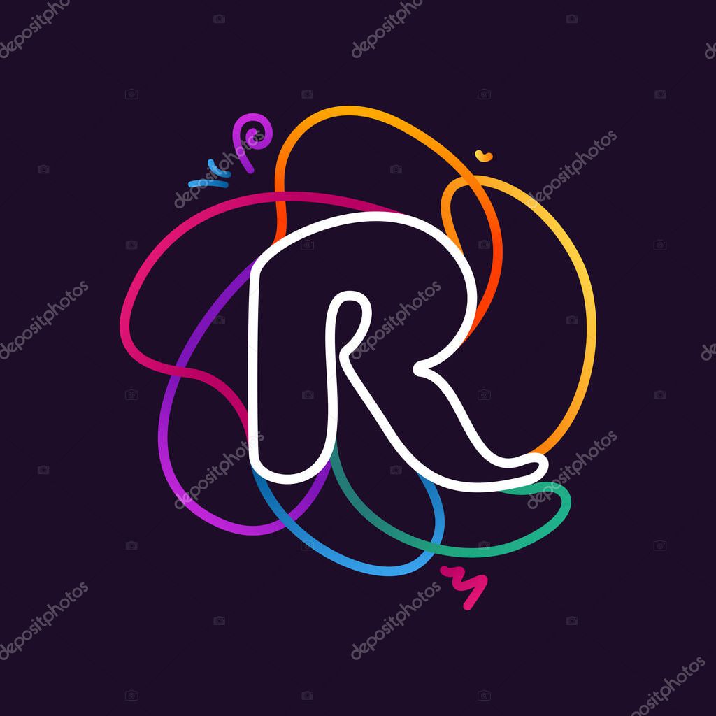 R letter neon line colorful logo. Great vivid icon for digital labels, science print, nightlife advertising, etc.