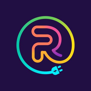R harfi logosu fiş adaptör kablosu ile daire şeklinde. İmkansız tek satır tarzı. Teknoloji etiketleri, yük posterleri, elektrik şirketi vs. için mükemmel bir tel simgesi.