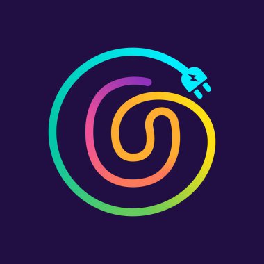 O harfi logosu fiş adaptör kablosuyla bir daire içinde. İmkansız tek satır tarzı. Teknoloji etiketleri, yük posterleri, elektrik şirketi vs. için mükemmel bir tel simgesi.