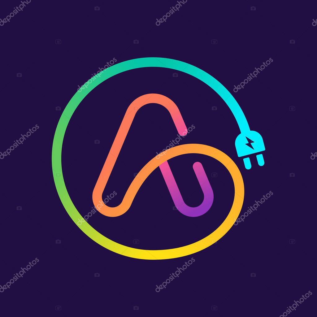 Letter A logo in a circle with plug adapter cable. Impossible one line style. Perfect wire icon for technology labels, charge posters, electric company, etc.