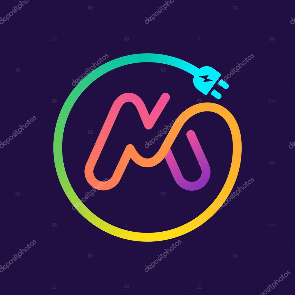 M letter logo in a circle with plug adapter cable. Impossible one line style. Perfect wire icon for technology labels, charge posters, electric company, etc.