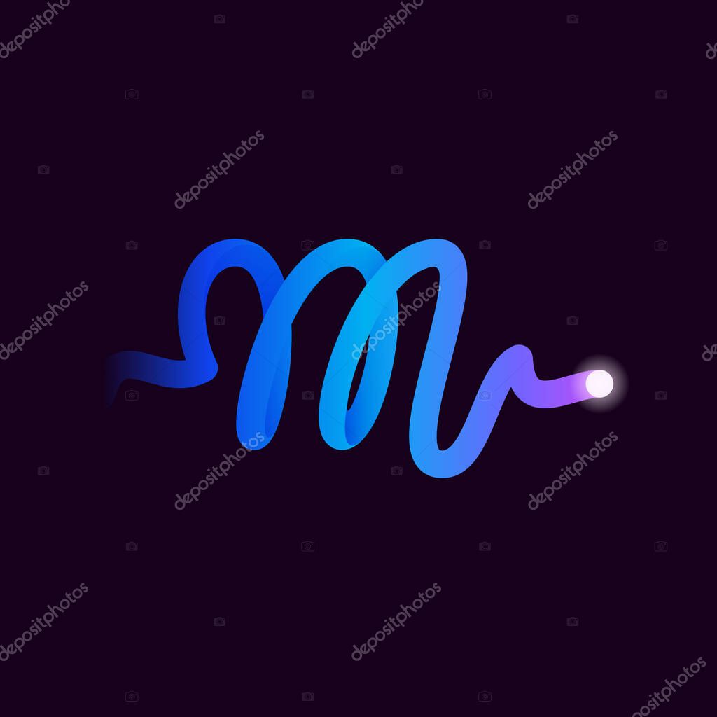 M letter logo with gradient line and flash dot. Perfect font for biotechnology design, heartbeat print, science card etc.