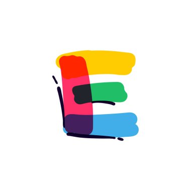 E harfi logosu çok renkli keçeli kalemle yazılmış. Çocuk tasarımı, iç baskı, şirin etiketler vs. için mükemmel vektör simgesi.