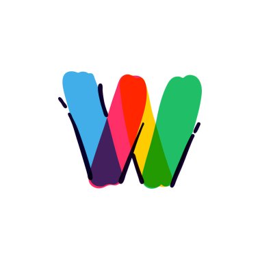 W harfi logosu çok renkli keçeli kalemle yazılmış. Çocuk tasarımı, iç baskı, şirin etiketler vs. için mükemmel vektör simgesi.