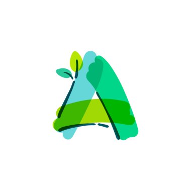 Keçeli kalemle el yazısıyla yeşil yapraklı A harfi. Vektör kalın işaret yazıtipi doğa etiketleri, yaz başlıkları, biyoloji posterleri, ekoloji kartları vs. için kullanılabilir.