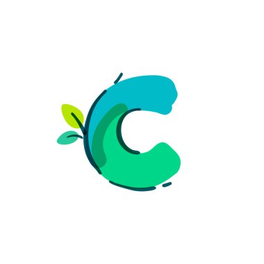 Keçeli kalemle el yazısıyla yazılmış yeşil yapraklı C harfi logosu. Vektör kalın işaret yazıtipi doğa etiketleri, yaz başlıkları, biyoloji posterleri, ekoloji kartları vs. için kullanılabilir.