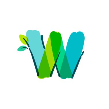 Keçeli kalemle el yazısıyla yazılmış yeşil yapraklı W harfi logosu. Vektör kalın işaret yazıtipi doğa etiketleri, yaz başlıkları, biyoloji posterleri, ekoloji kartları vs. için kullanılabilir.