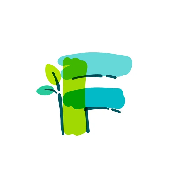 用毛毡笔写的绿色叶子的F字母标识 矢量黑体字可用于自然标签 夏季头条 生物海报 生态卡片等 — 图库矢量图片