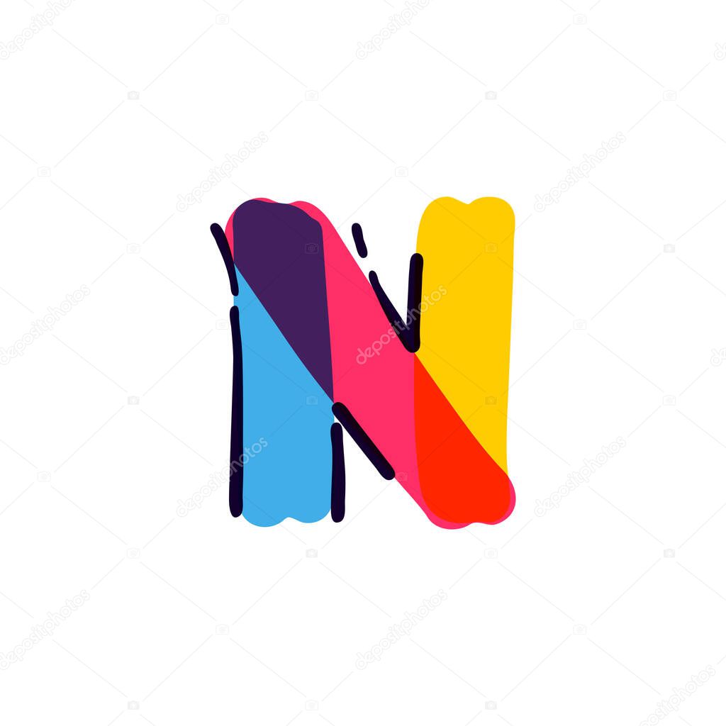 N letter logo handwritten with a multicolor felt-tip pen. Perfect vector icon for kids design, interior print, cute labels, etc.