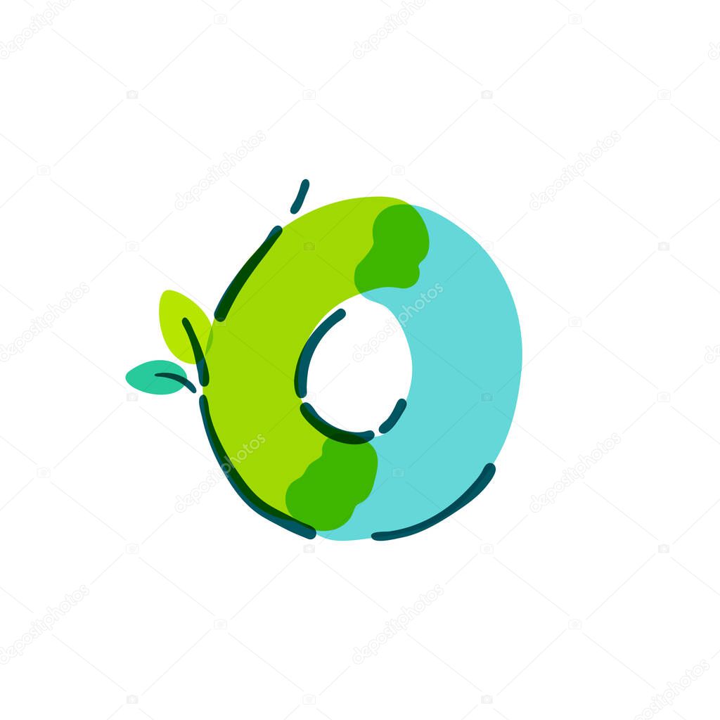 O letter logo with green leaf handwritten with a felt-tip pen. Vector bold marker font can be used for nature labels, summer headlines, bio posters, ecology cards etc.
