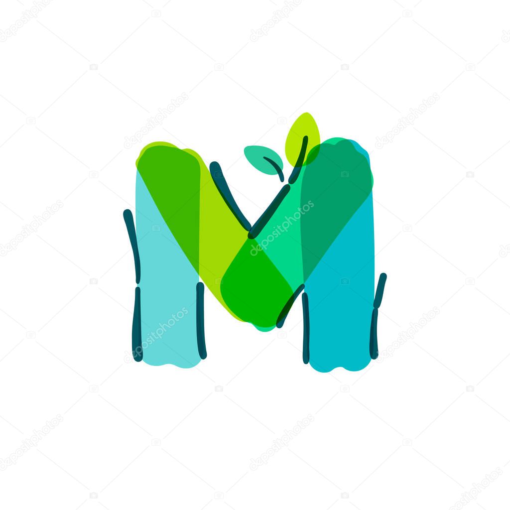 M letter logo with green leaf handwritten with a felt-tip pen. Vector bold marker font can be used for nature labels, summer headlines, bio posters, ecology cards etc.