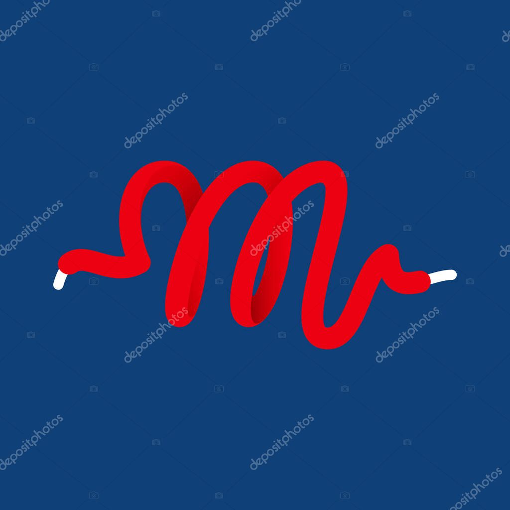 M letter sport logo formed by shoe lace. Vector handwritten script font can be used for workout labels, race headlines, fitness posters, delivery cards etc.