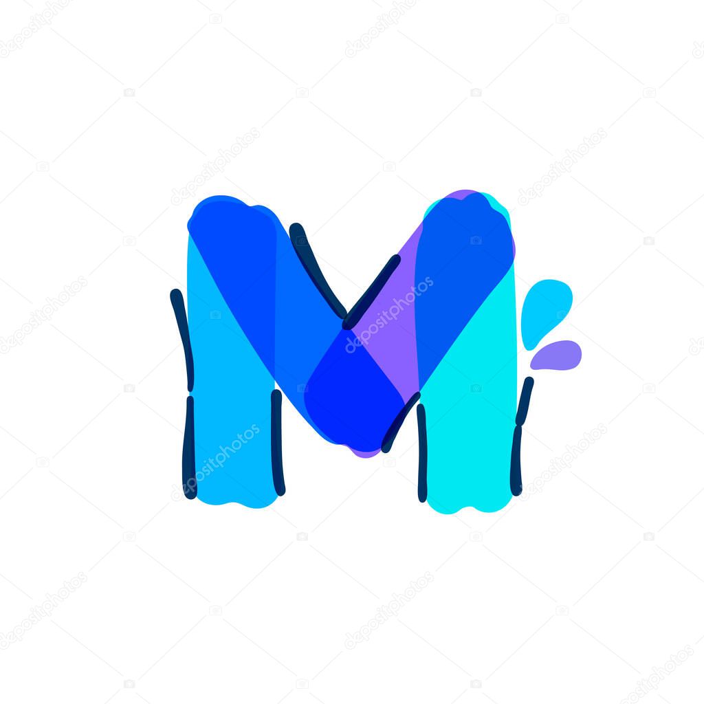 M letter logo with water drops and waves. Handwritten with a felt-tip pen. Vector bold marker font can be used for washing labels, healthcare headlines, pure posters, ecology cards etc.