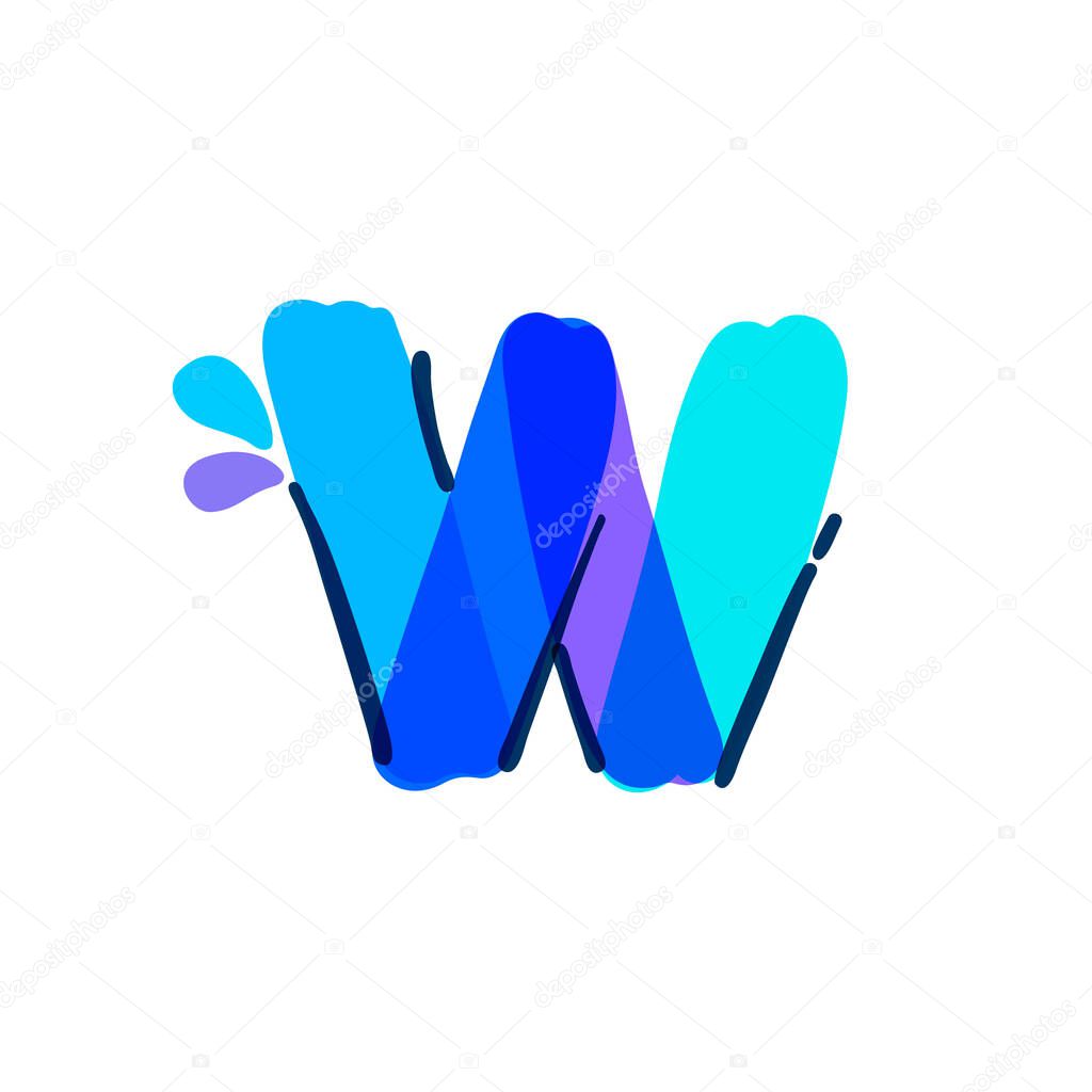 W letter logo with water drops and waves. Handwritten with a felt-tip pen. Vector bold marker font can be used for washing labels, healthcare headlines, pure posters, ecology cards etc.