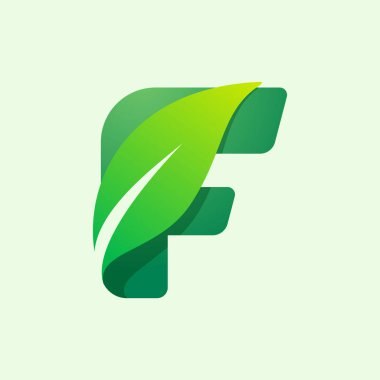 Yeşil yapraklı F ekolojisi harfi logosu. Tarım etiketleri için vektör tipi, vegan başlıkları, bitkisel posterler, yaz kimliği vs..