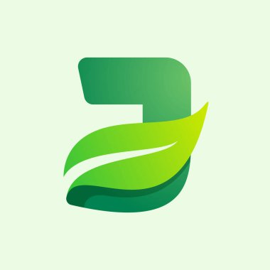 Yeşil yapraklı J harfli ekoloji logosu. Tarım etiketleri için vektör tipi, vegan başlıkları, bitkisel posterler, yaz kimliği vs..