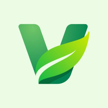 Yeşil yapraklı V ekolojisi harfi logosu. Tarım etiketleri için vektör tipi, vegan başlıkları, bitkisel posterler, yaz kimliği vs..