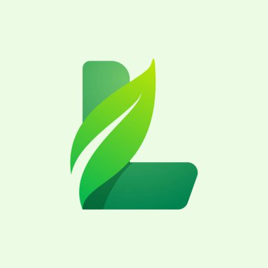 Yeşil yapraklı L harfi logosu. Tarım etiketleri için vektör tipi, vegan başlıkları, bitkisel posterler, yaz kimliği vs..