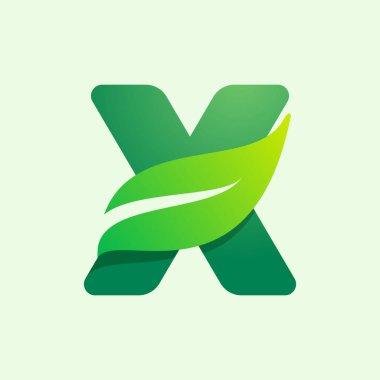 Yeşil yapraklı ekoloji X harfi logosu. Tarım etiketleri için vektör tipi, vegan başlıkları, bitkisel posterler, yaz kimliği vs..
