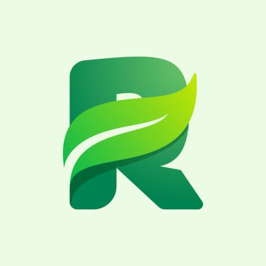Yeşil yapraklı ekoloji R harfi logosu. Tarım etiketleri için vektör tipi, vegan başlıkları, bitkisel posterler, yaz kimliği vs..