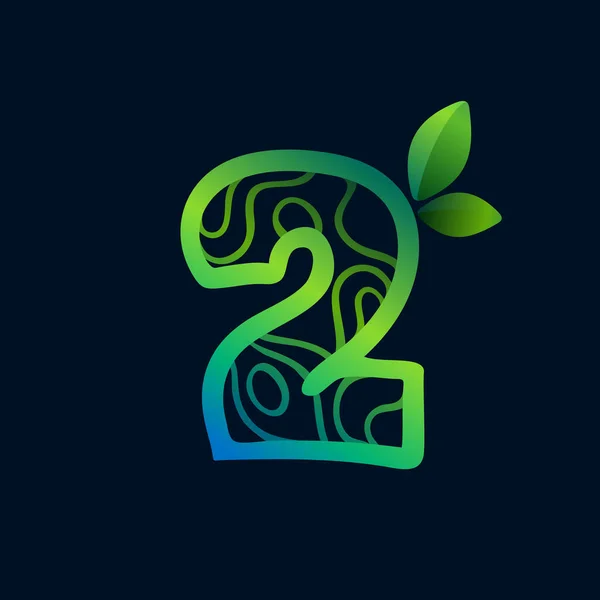 Logo Nummer Zwei Mit Ökowellen Muster Perfektes Grünes Vektor Symbol — Stockvektor