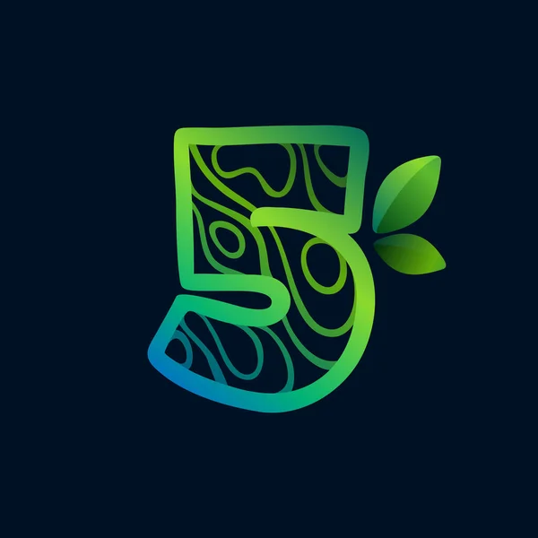 Logo Nummer Fünf Mit Ökowellen Muster Perfektes Grünes Vektor Symbol — Stockvektor