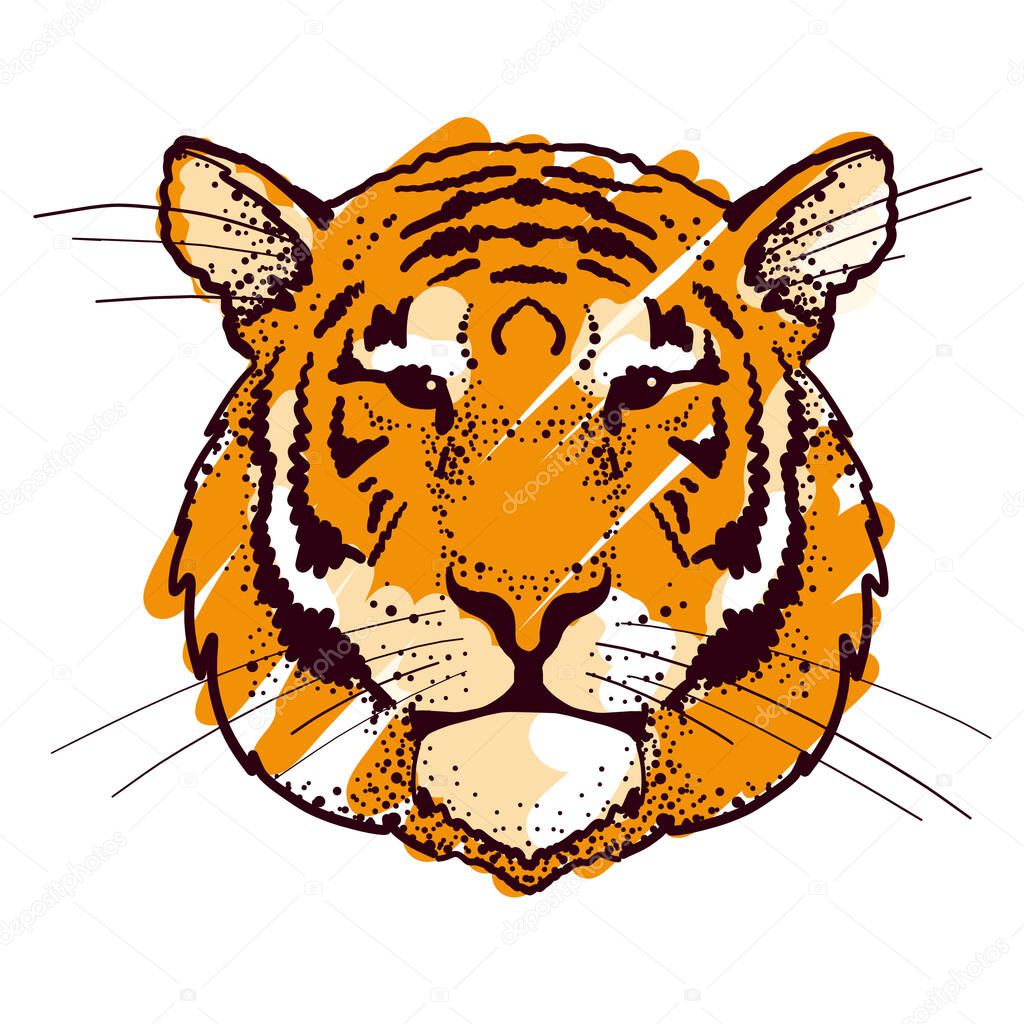Tiger head logo. Dots engraving template vector icon.
