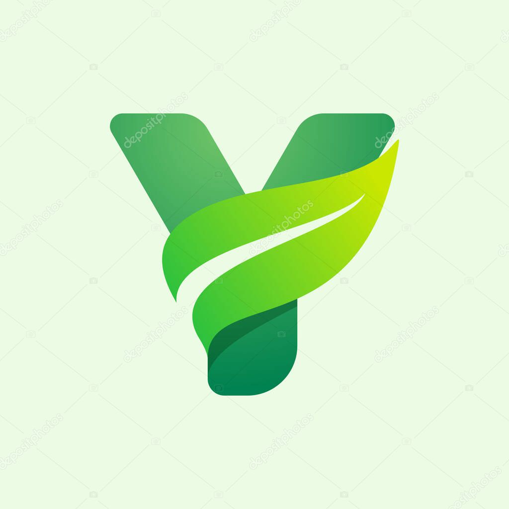 Ecology Y letter logo with green leaf. Vector typeface for agriculture labels, vegan headlines, herbal posters, summer identity etc.